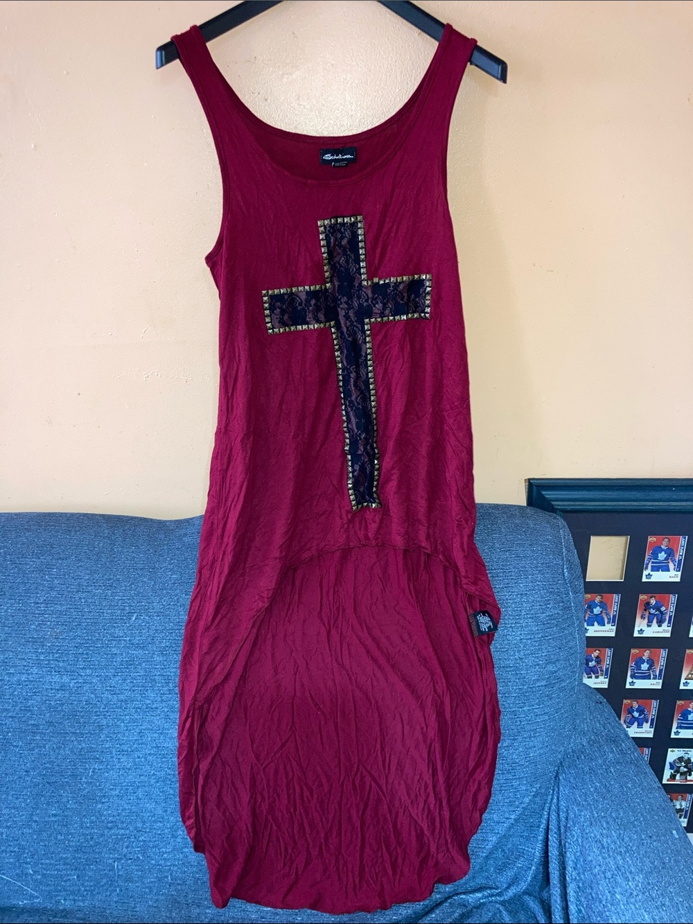 Y2K Seductions Sleeveless Wine High-Low Dress with Embellished Cross